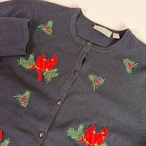Embroidered Sequin Cardinal Black Cardigan Sweater Women's M Christmas Holiday